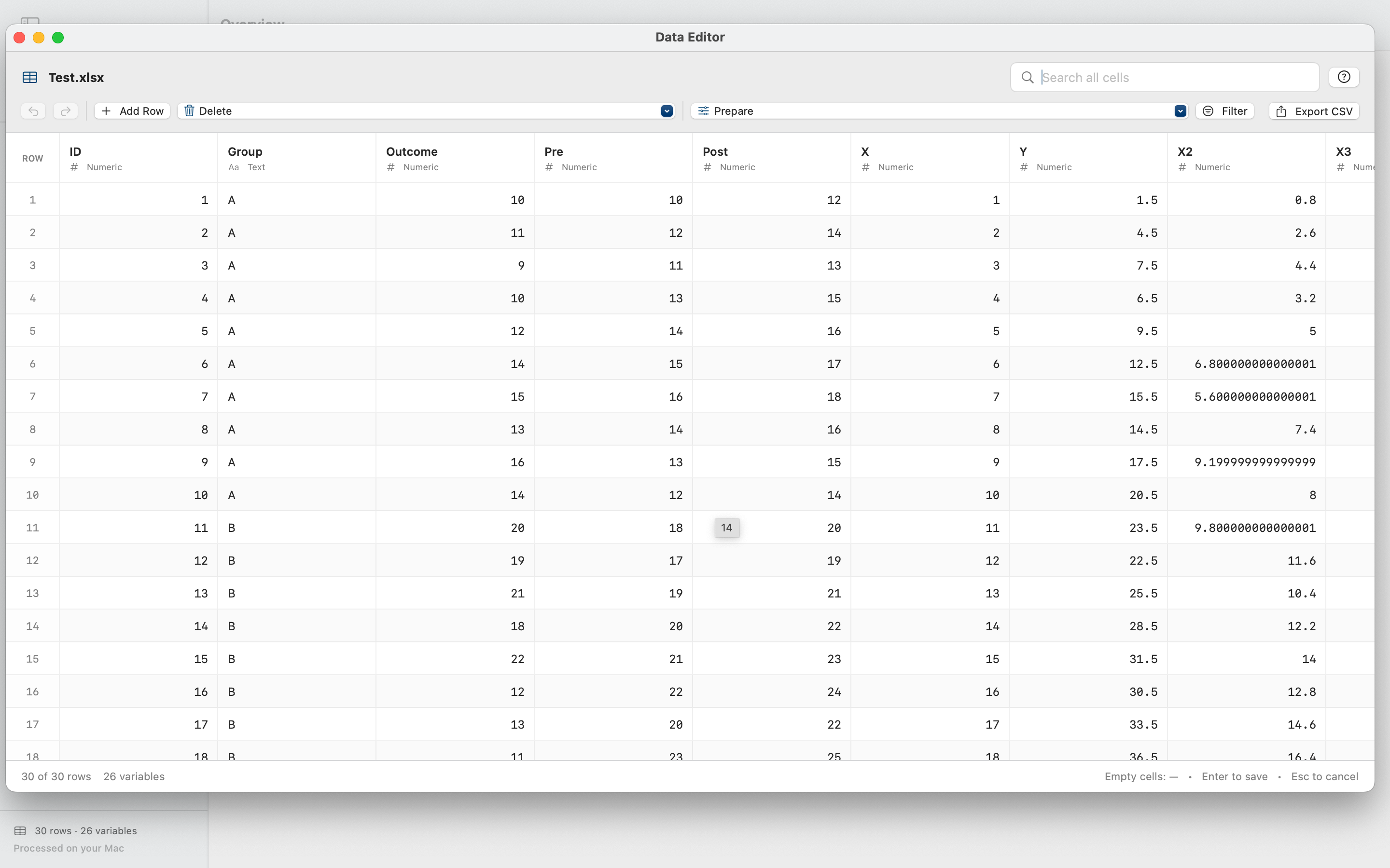 Data Editor grid with numeric and text columns, search, Prepare, Filter and Export CSV