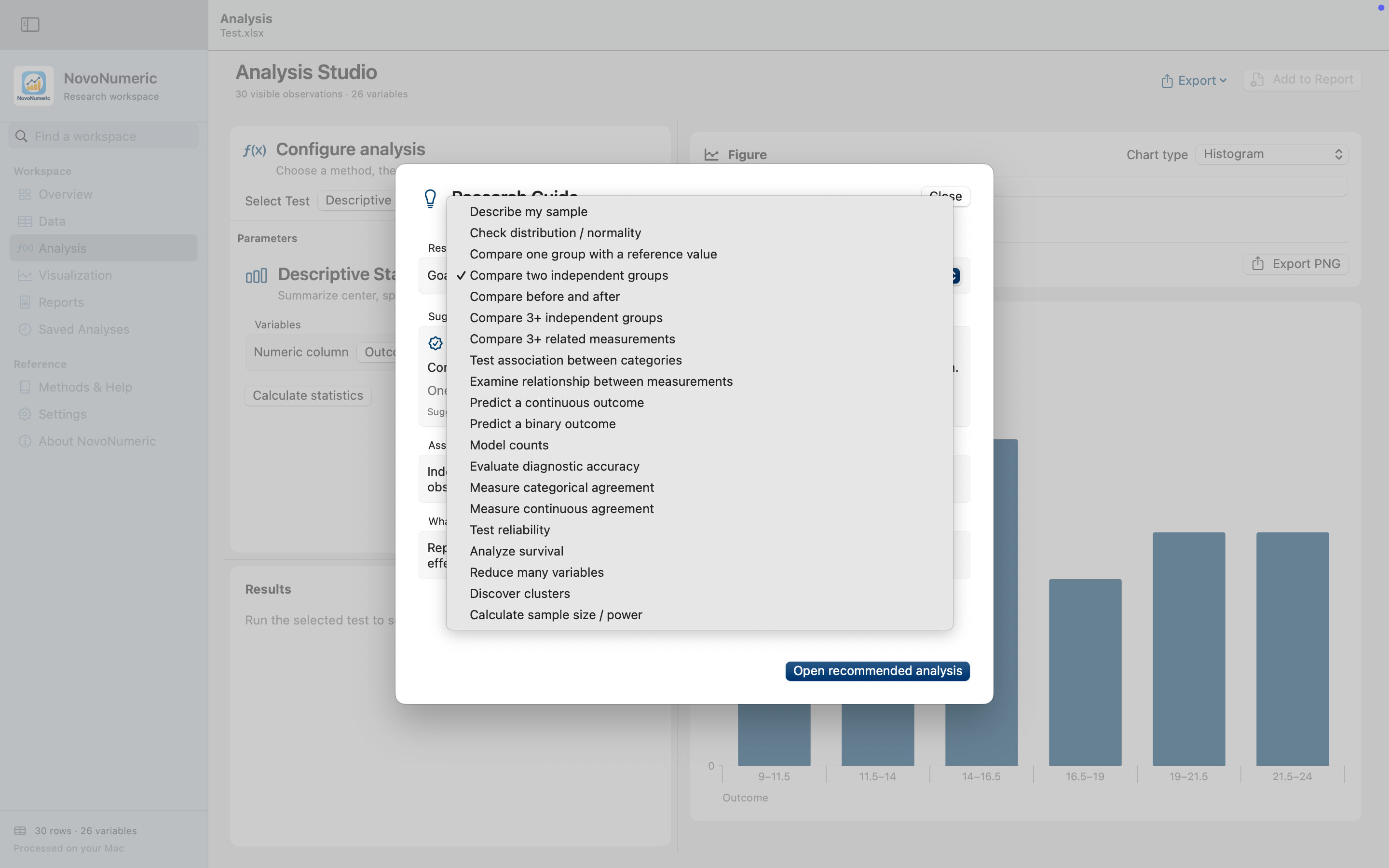 Research Guide goal menu with comparison, association, prediction, reliability and study-planning goals