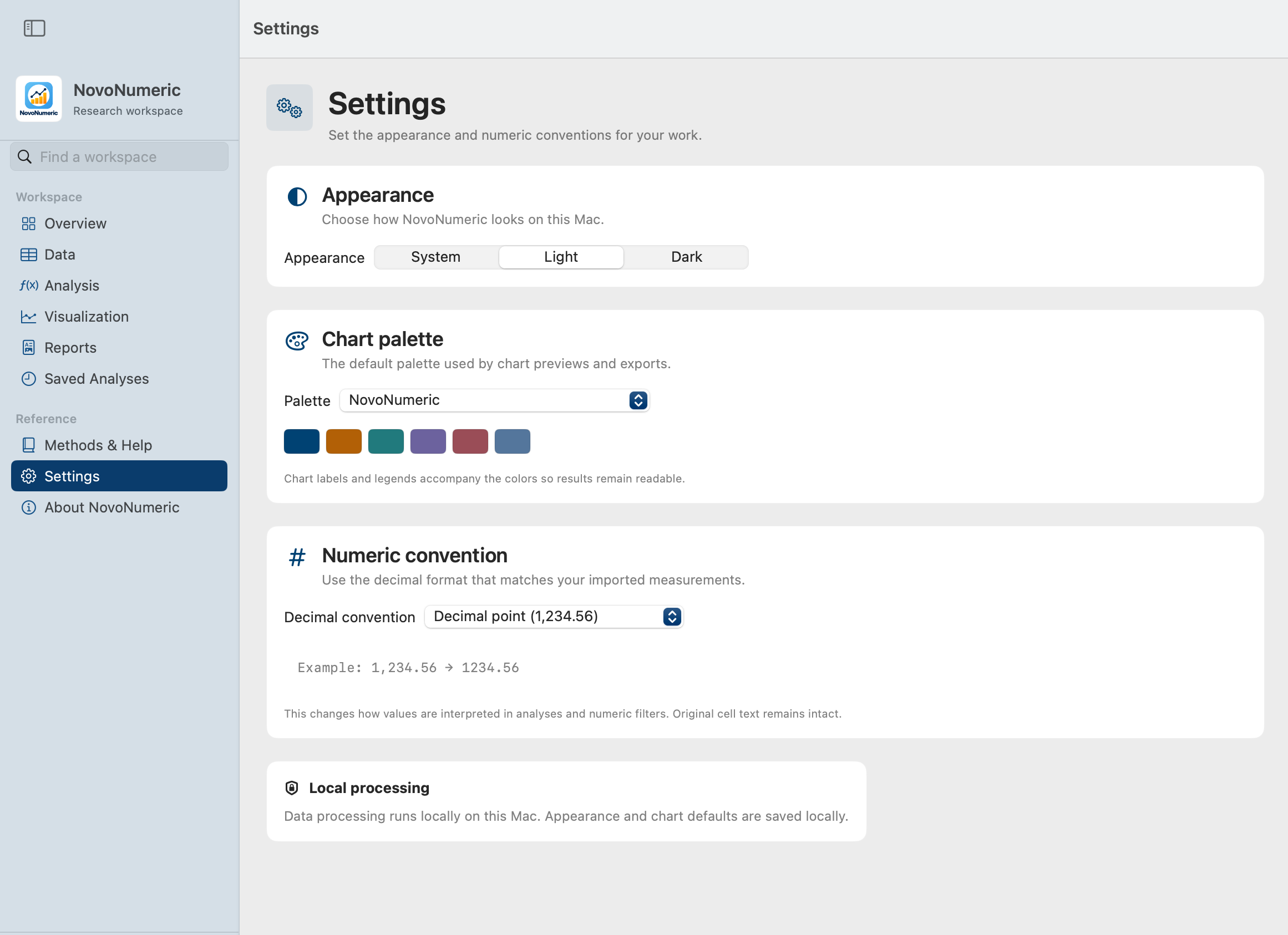 Settings showing system, light and dark appearance, chart palette, numeric convention and local processing